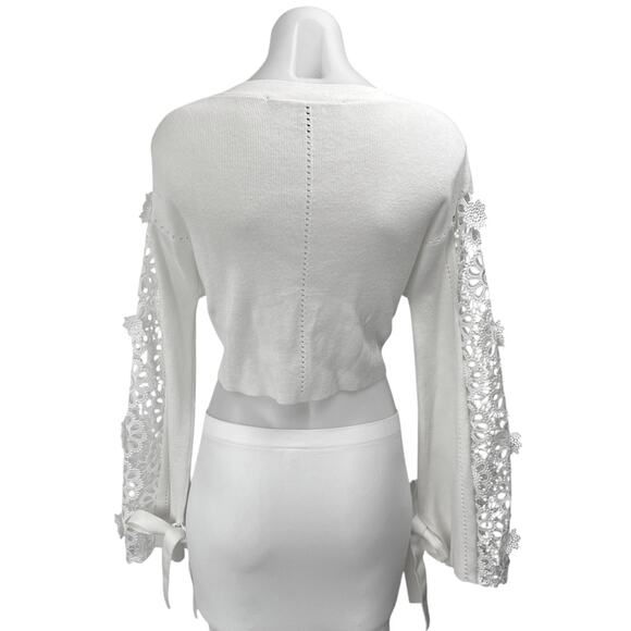 French Connection Leona Pointelle White Crochet Knit Crop Sweater Top Size XS - Picture 7 of 12